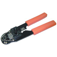 RJ45 crimp tool for terminating Ethernet cables with ergonomic handle.