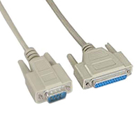 Serial cable DB9 male to DB25 female for device connectivity.