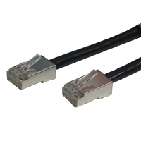 Black shielded twisted pair (STP) cable, showcasing its durable design.