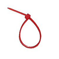 Red nylon tie for organizing cables, ideal for color-coded setups.