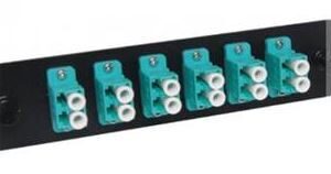 Fiber adapter panel with 6 duplex multimode OM3 LC ports, aqua color.