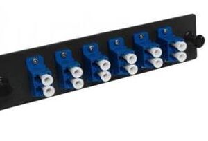 Fiber adapter panel with 6 duplex singlemode LC ports, blue color.