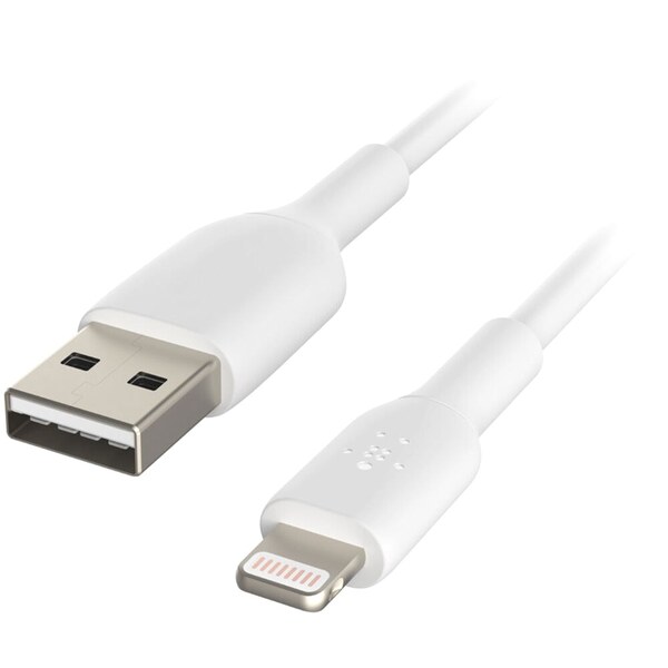 Lightning to USB cable, male to male, 6 inches, white color.